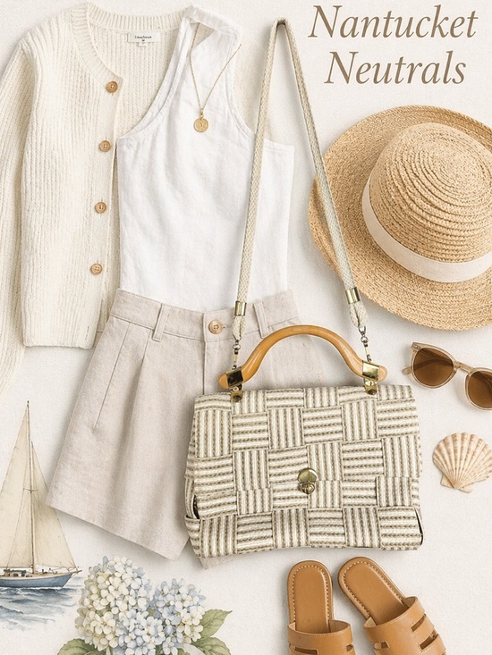 Debenhaus Handbags - DEBENHAMS Woven‎ Summer Purse Neutral Cream Tan Wooden Handle Old Money Cruise